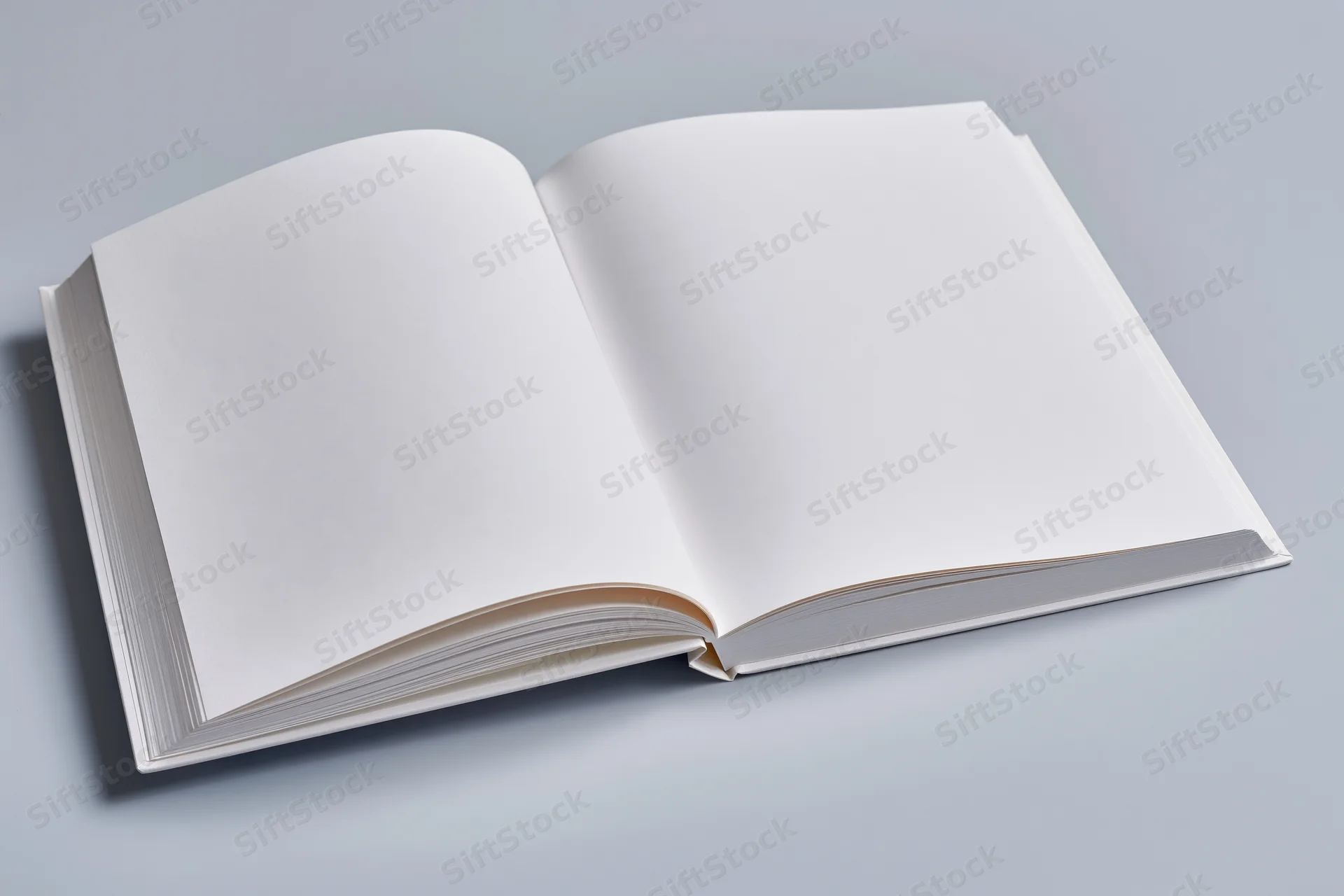 Open hardcover book with blank white pages lying flat on a gray surface