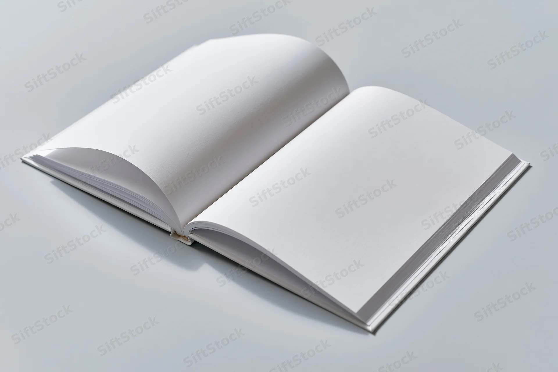 Open hardcover book with blank white pages lying flat on a gray surface
