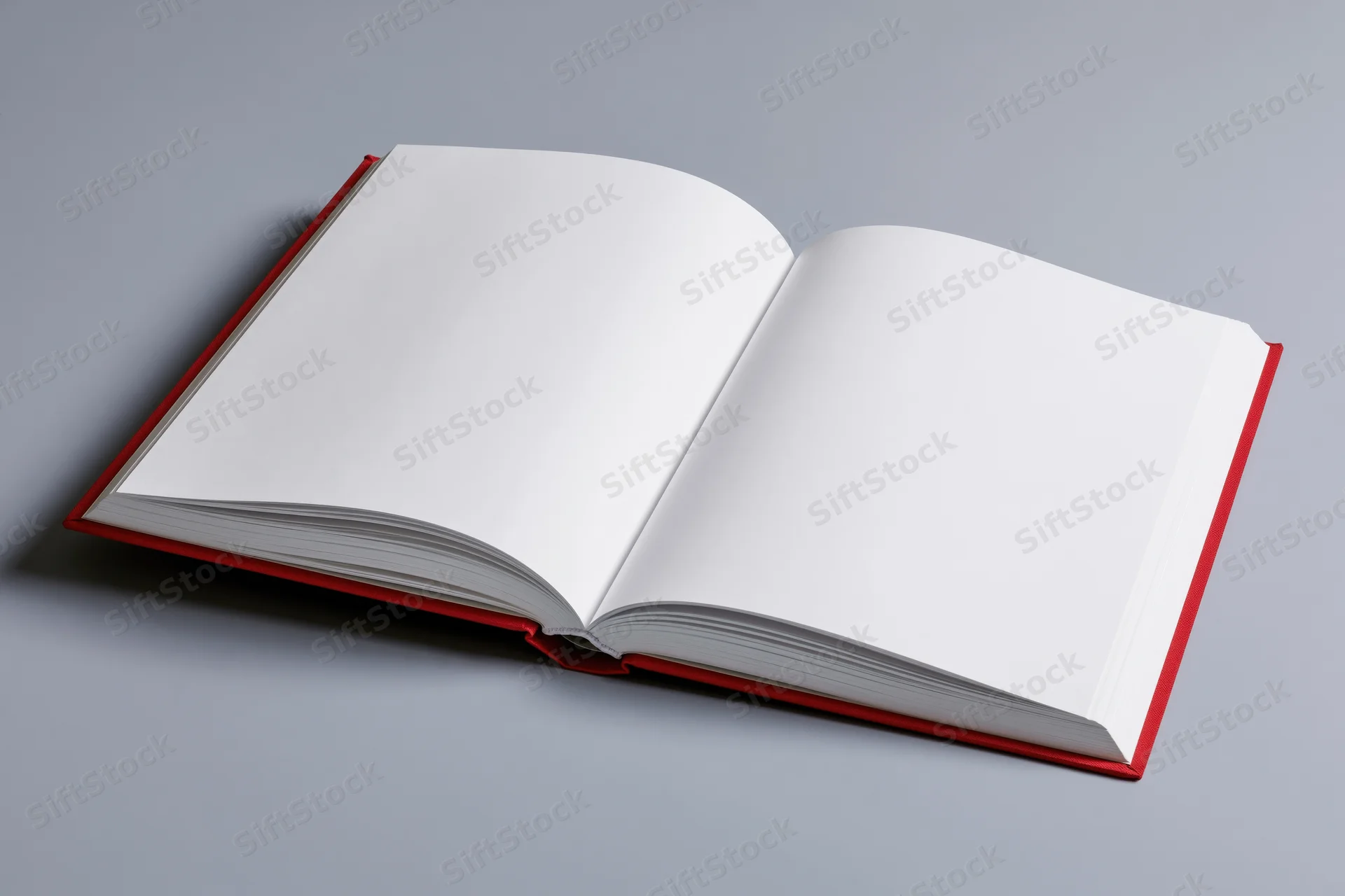 Open hardcover book with blank white pages lying flat on gray surface