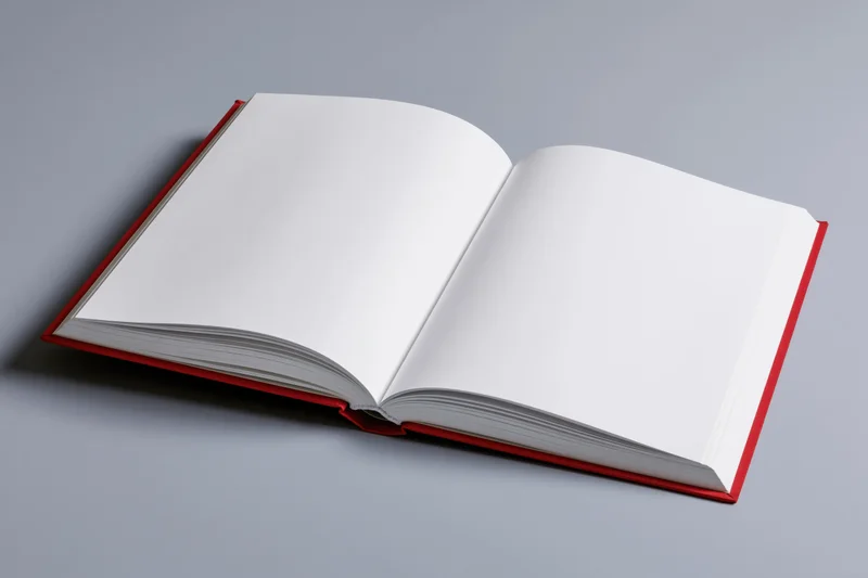 Open hardcover book with blank white pages lying flat on gray surface