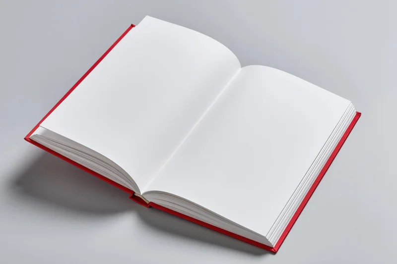 Open hardcover book with blank white pages lying flat on a gray surface