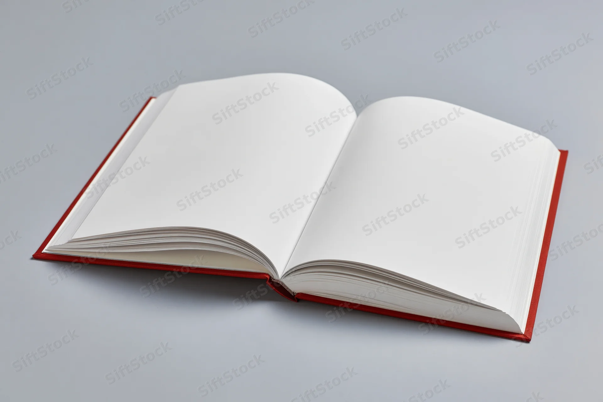 Open hardcover book with blank white pages lying flat on a neutral surface