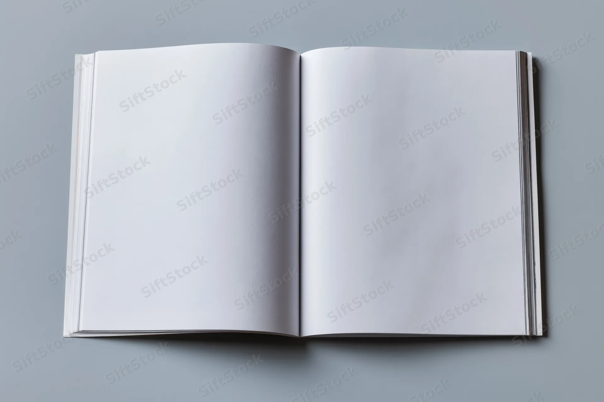 Open softcover book with blank white pages lying flat on gray surface