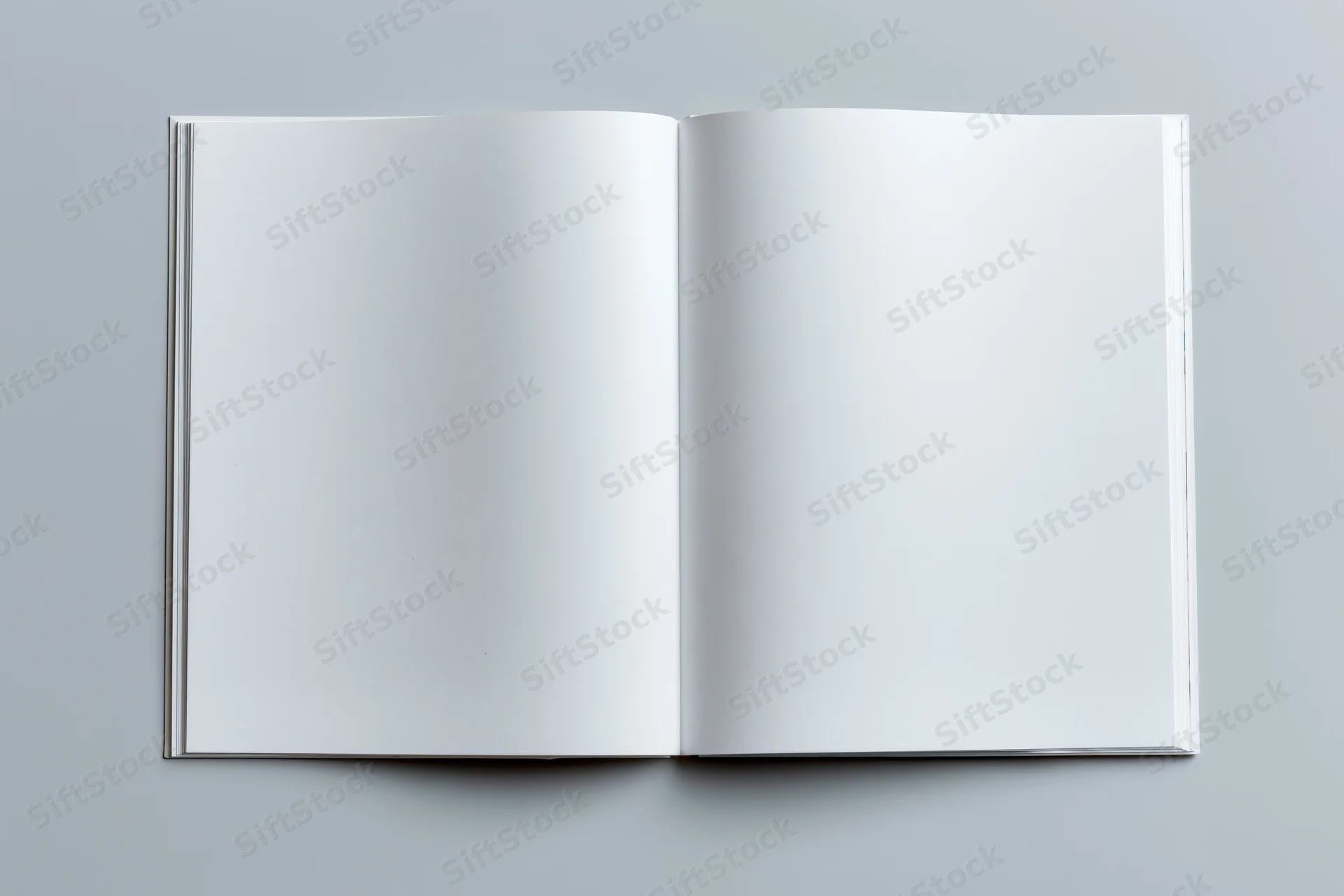 Open book with blank white pages lying flat on gray surface