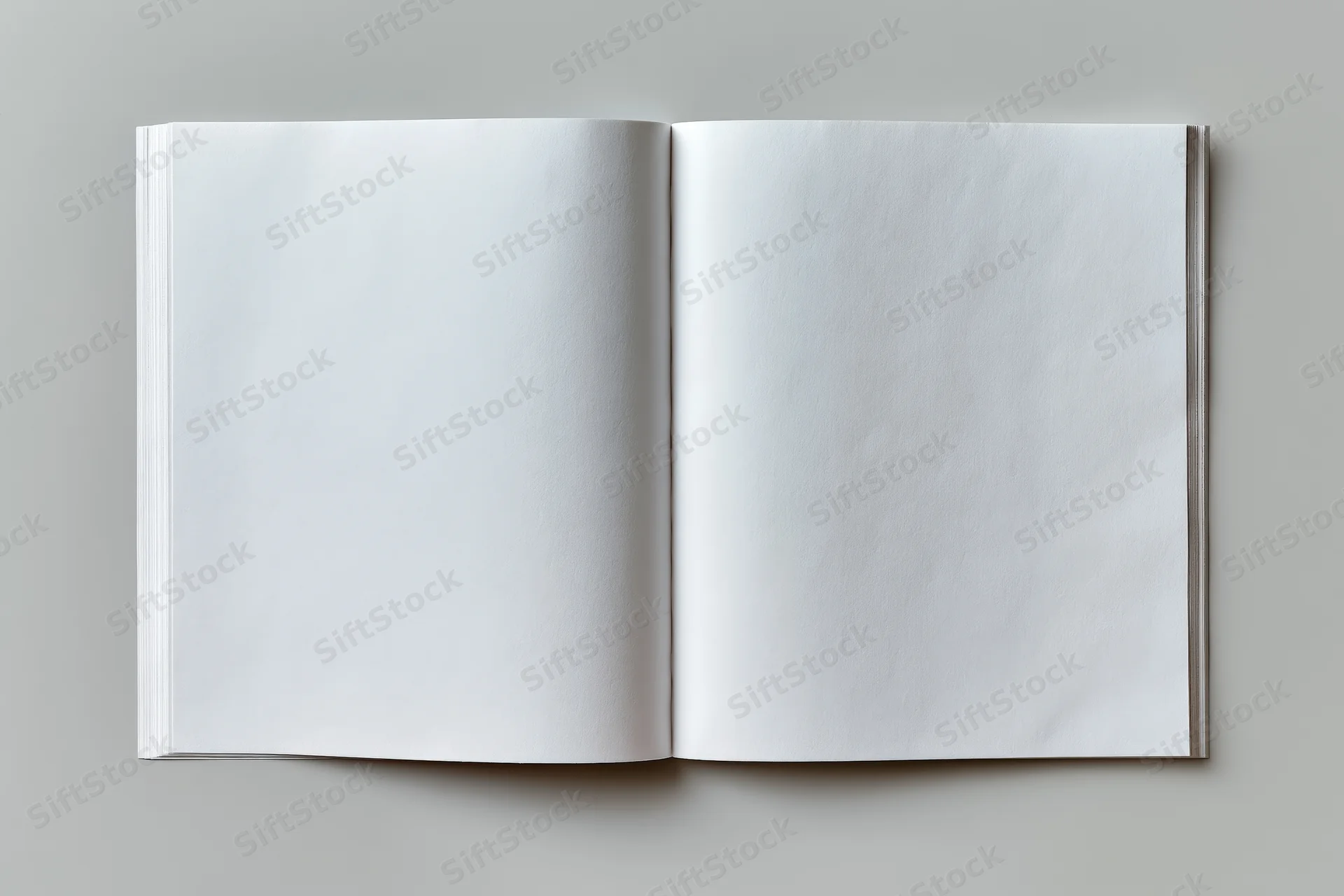 Open blank book lying flat on gray surface with copyspace