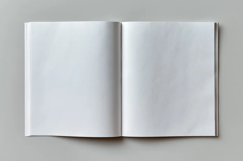 Open blank book lying flat on gray surface with copyspace