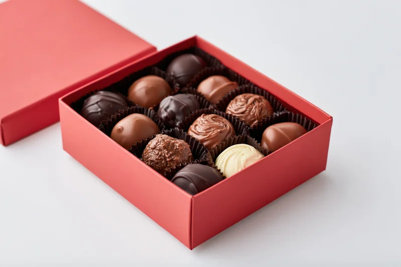 Open red gift box filled with assorted chocolates and pralines on white background