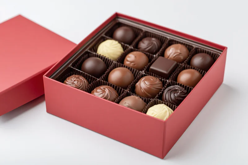 Open red gift box filled with assorted chocolates and praline on white background