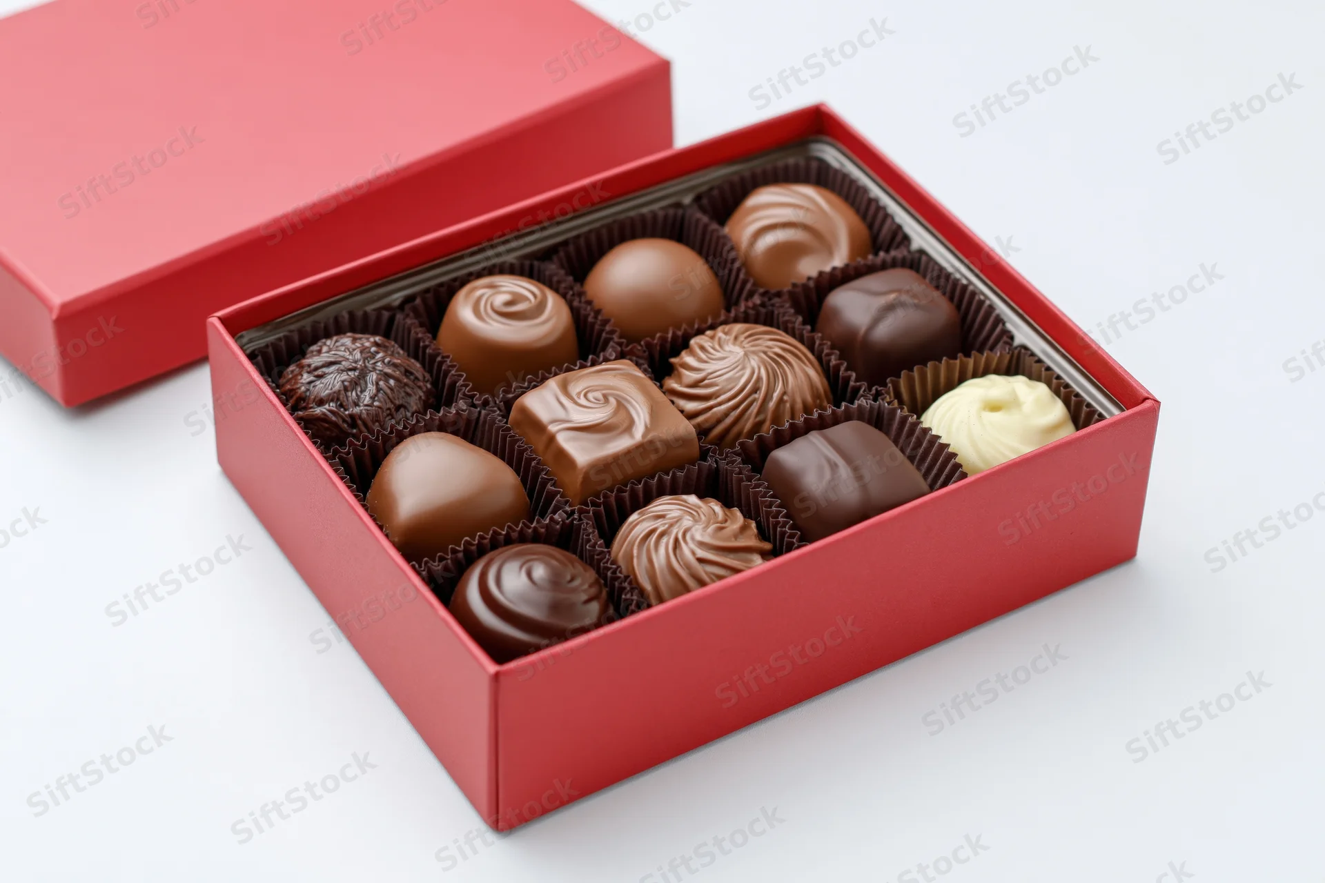 Open red gift box filled with assorted chocolates and praline on white background