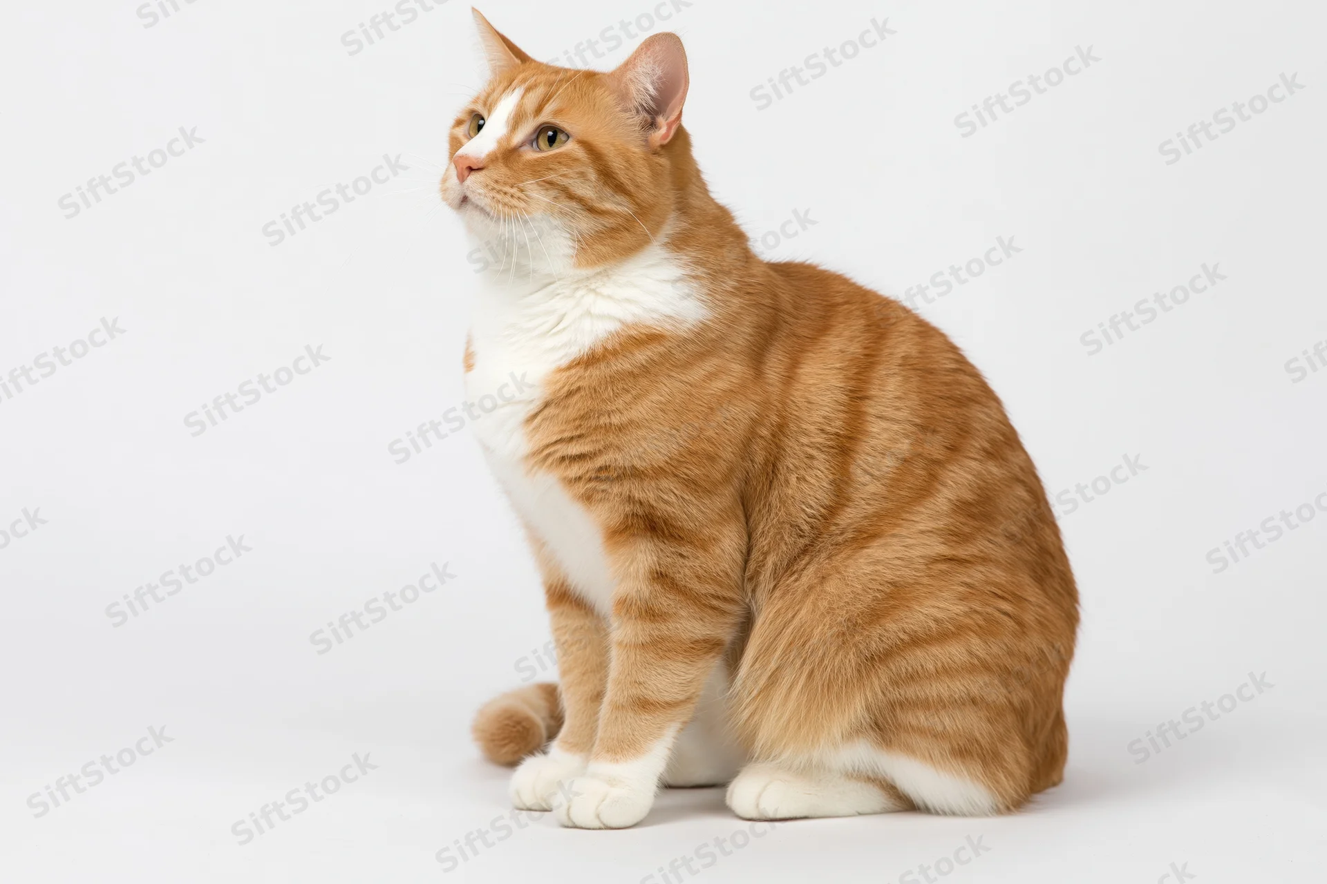 Orange and white domestic shorthair cat sitting upright on a white background with copyspace to the left