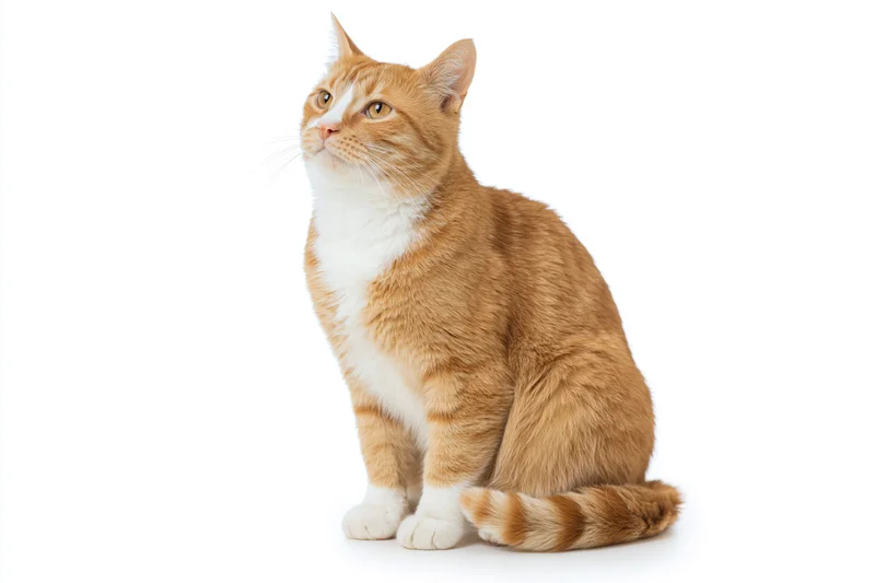 Orange and white domestic shorthair cat sitting upright on white background