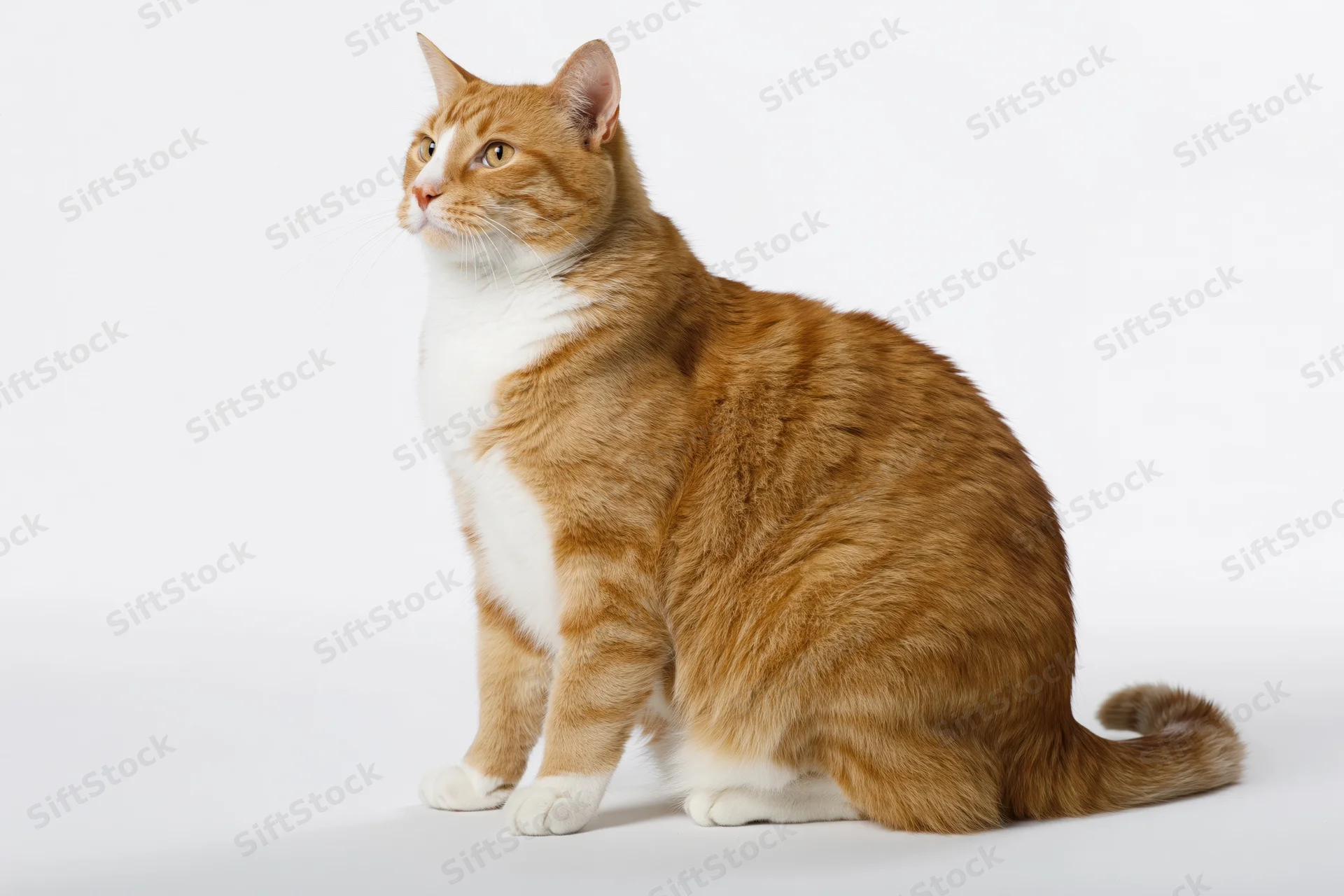 Orange and white domestic shorthair cat sitting upright in studio view
