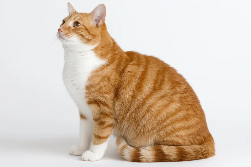 Orange and white domestic shorthair cat sitting upright on a white background, side view, alert and looking upward