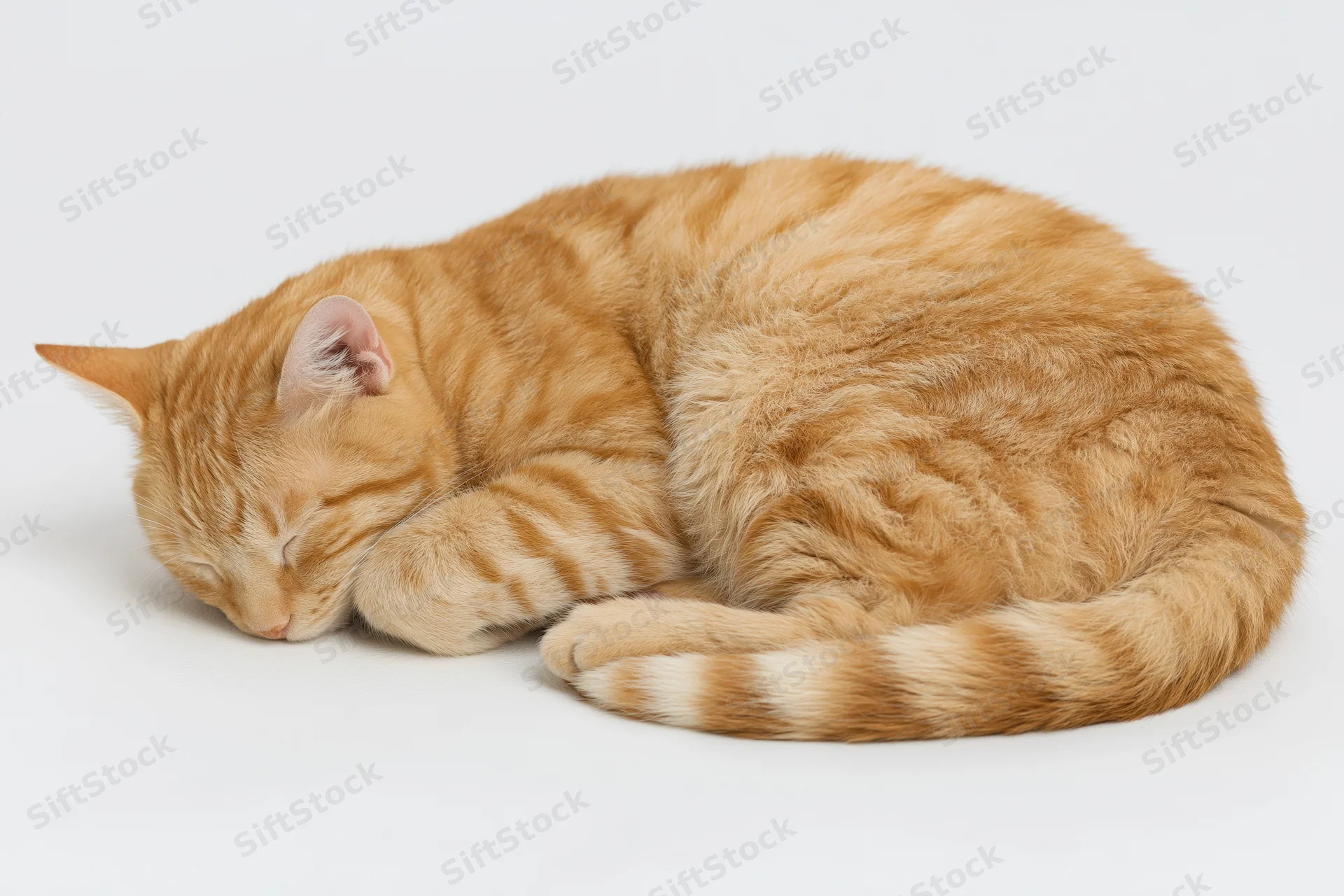 Orange tabby cat curled up sleeping on plain white surface