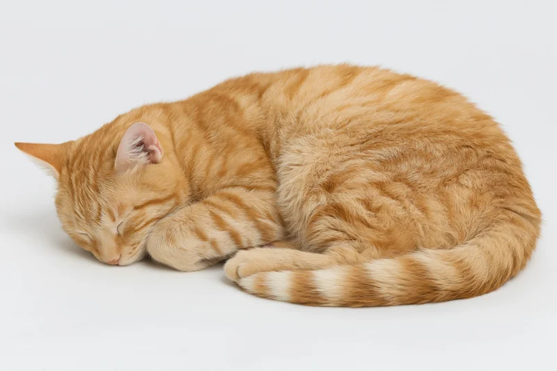 Orange tabby cat curled up sleeping on plain white surface