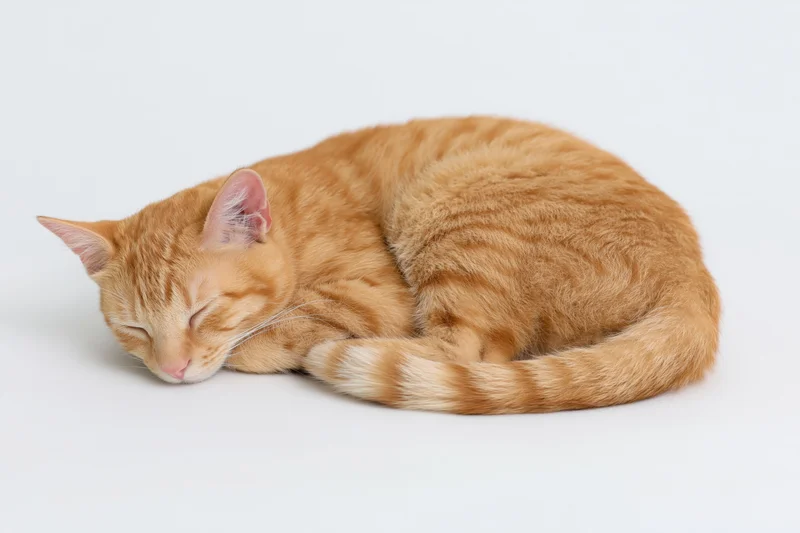 Orange tabby cat curled up sleeping on a plain white surface