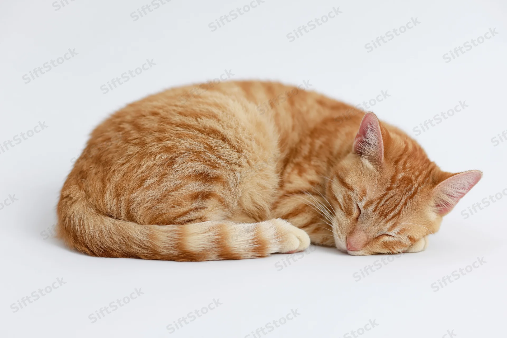 Orange tabby cat curled up sleeping on plain white background