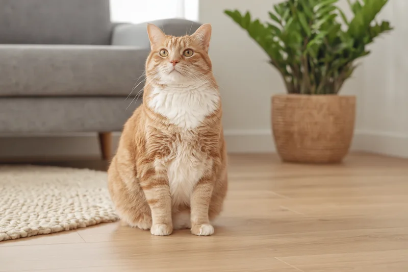 Orange tabby cat sitting upright on light wood floor gazing alertly in living room