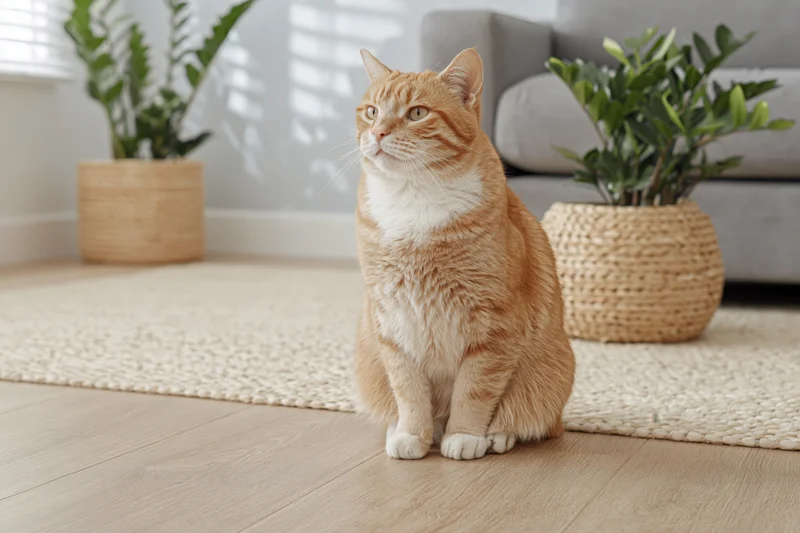 Orange tabby cat sitting upright on light wood floor gazing alertly in living room
