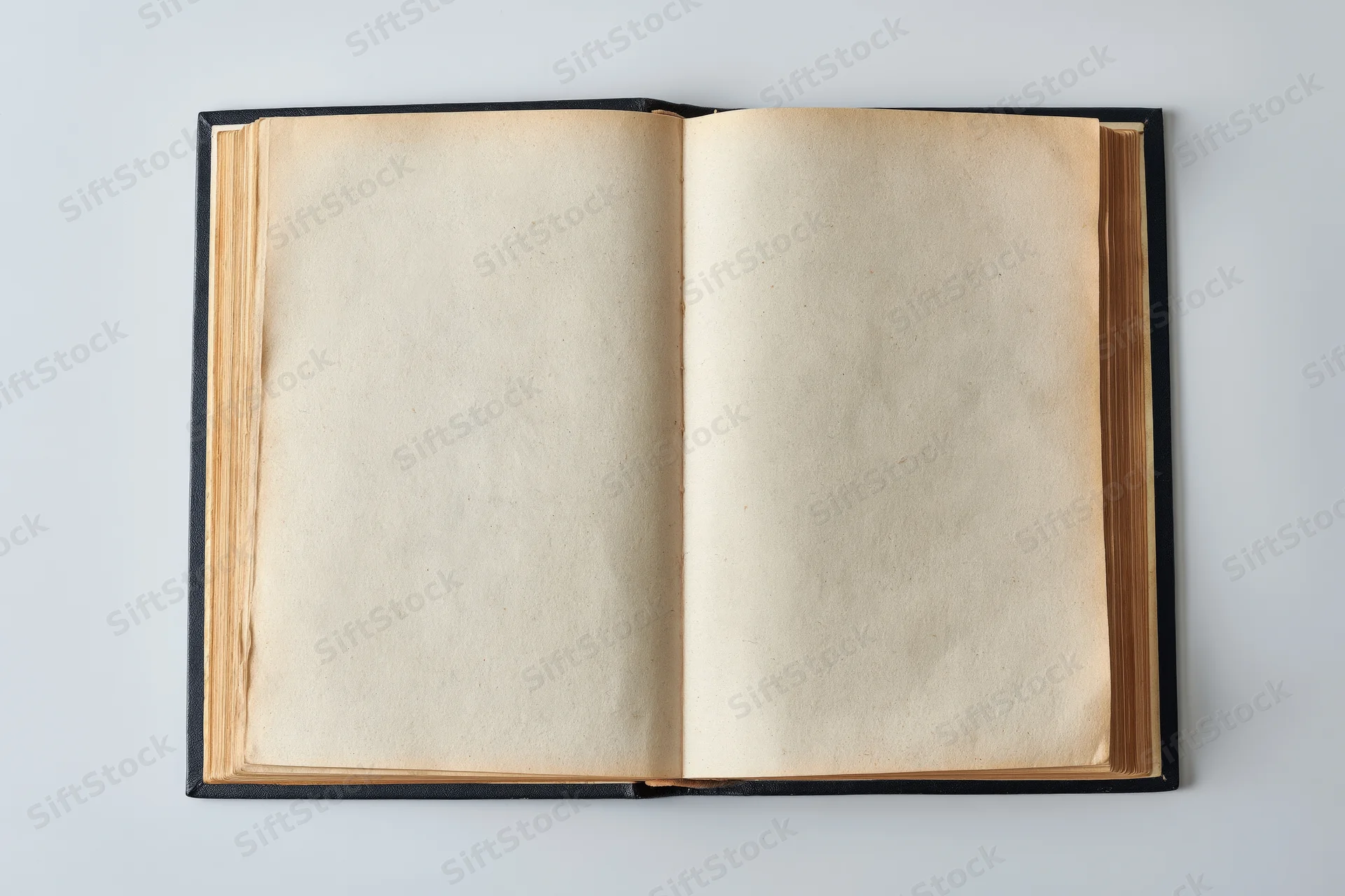 Open vintage hardcover book with blank aged pages on white surface