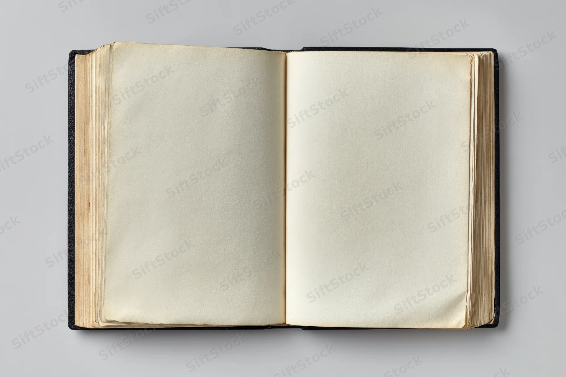 Open vintage hardcover book with blank cream pages on gray background