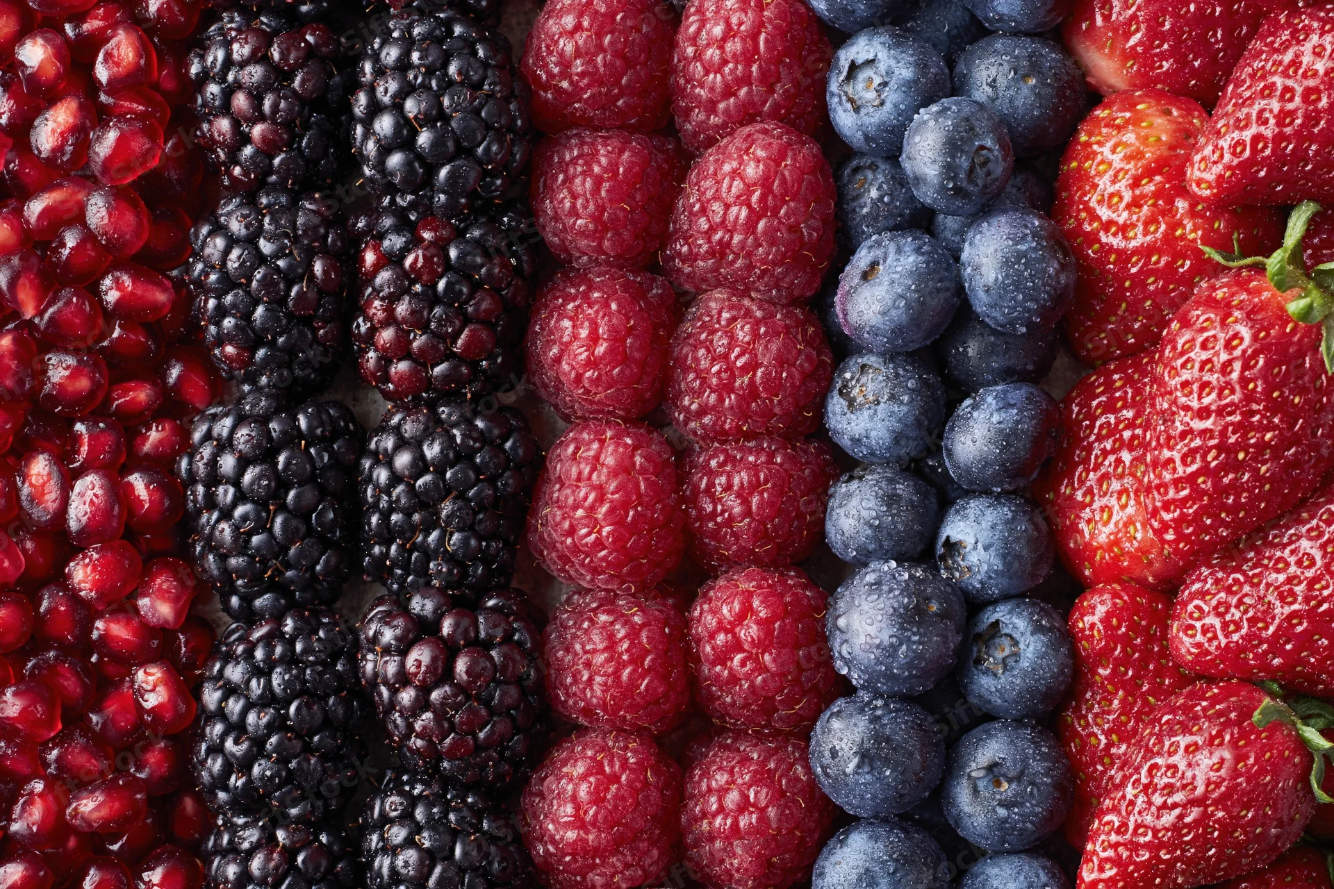 Overhead flat-lay of mixed fresh berries arranged in vertical rows