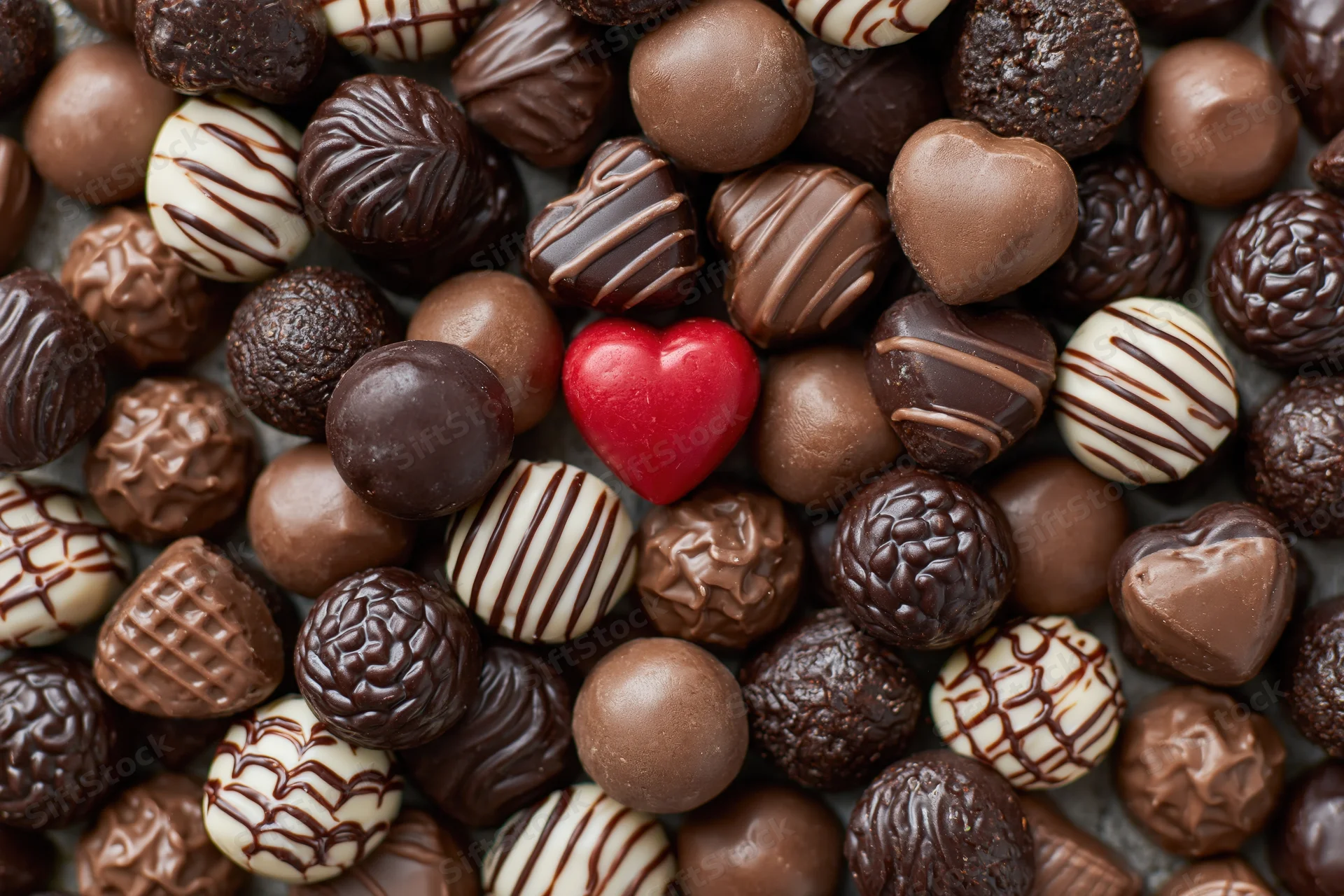 Overhead flat lay of assorted chocolate pralines with a red heart-shaped candy in the center