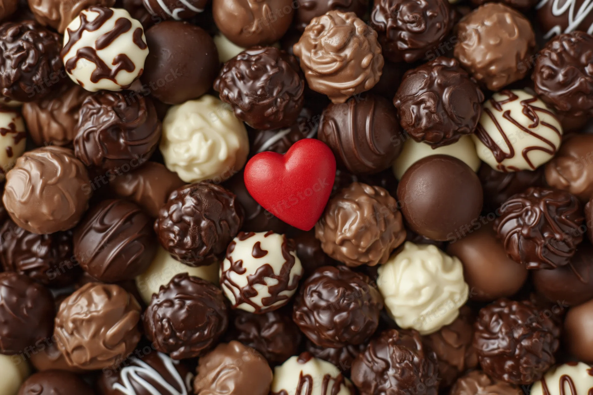 Overhead flat lay of assorted chocolate pralines with a red heart in center