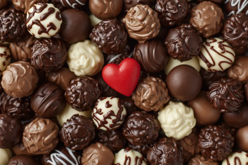 Overhead flat lay of assorted chocolate pralines with a red heart in center