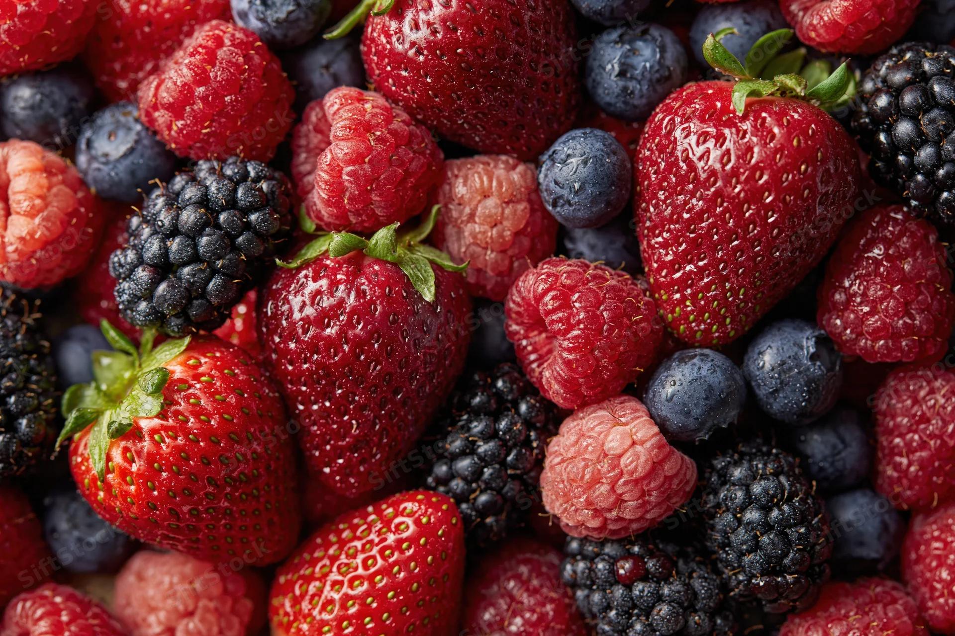 Overhead closeup of fresh mixed berries including strawberries raspberries blueberries and blackberries arranged in a flat lay
