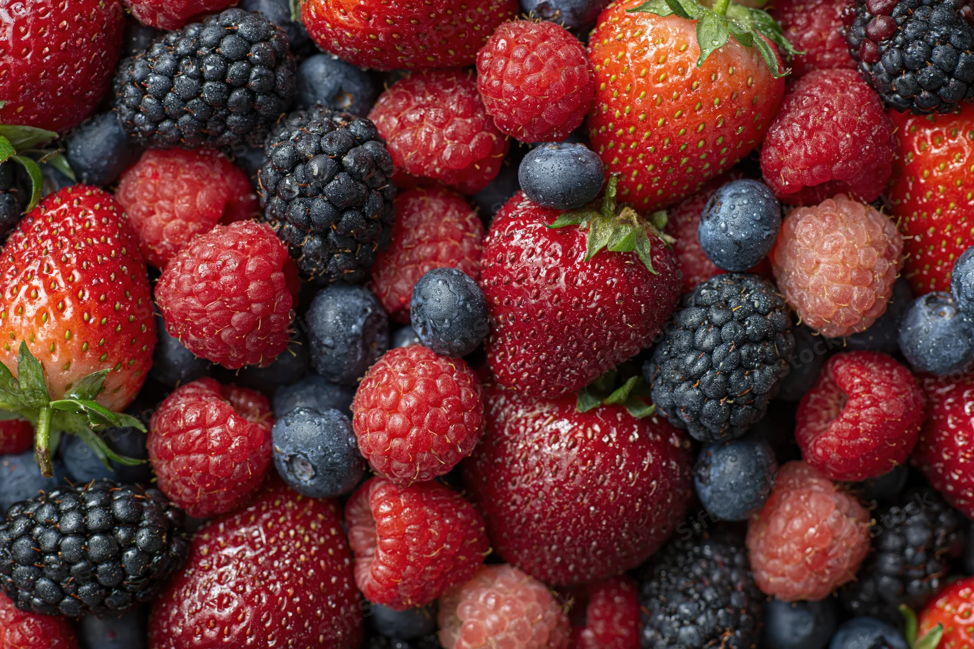 Overhead flat lay of fresh mixed berries including strawberries raspberries blueberries and blackberries