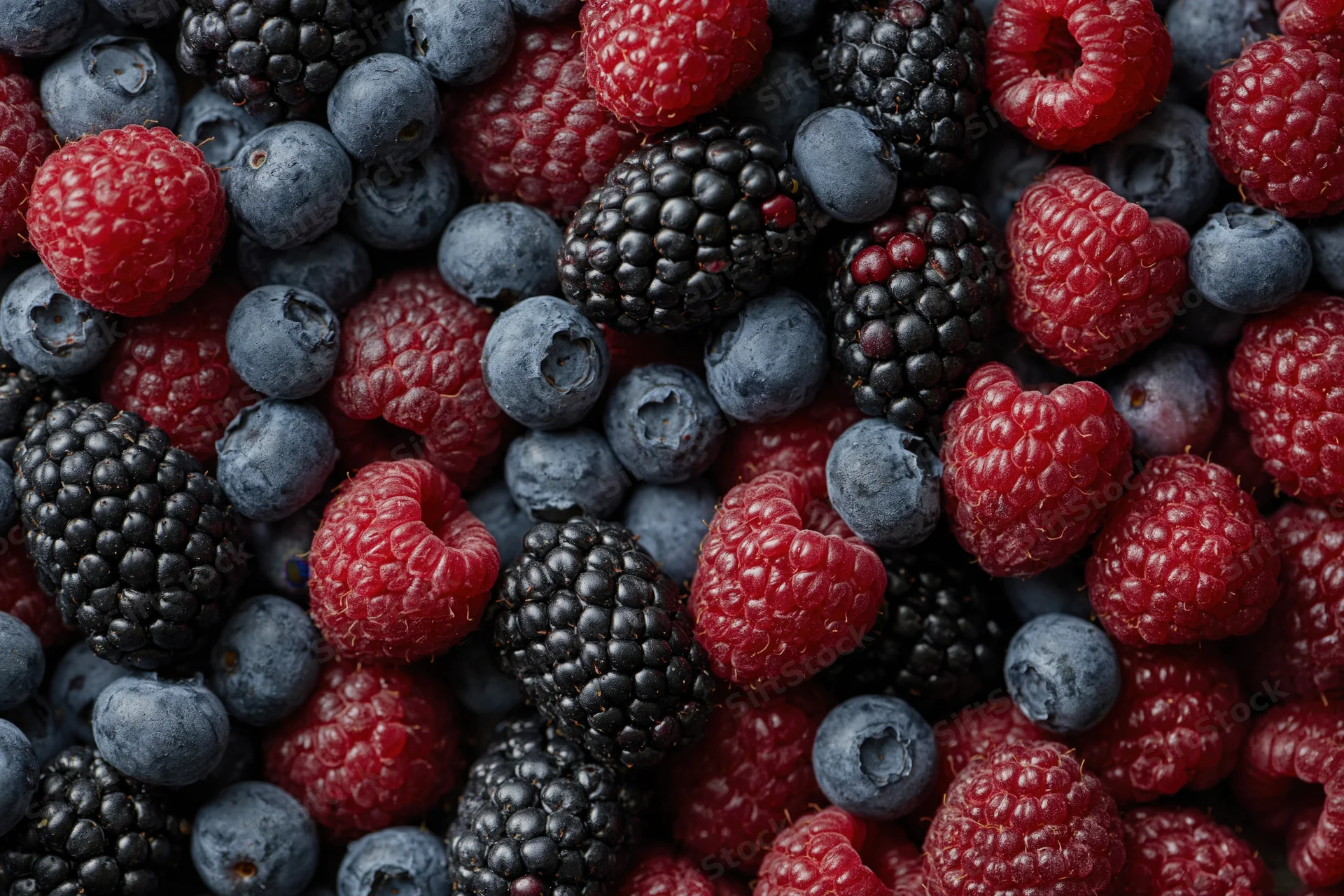 Overhead flat lay of mixed fresh berries covering the entire frame