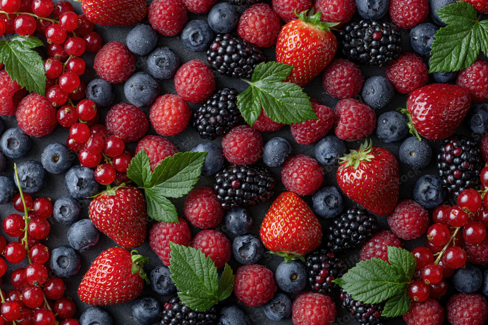 Overhead flat lay of mixed fresh berries densely arranged on dark surface with green leaves