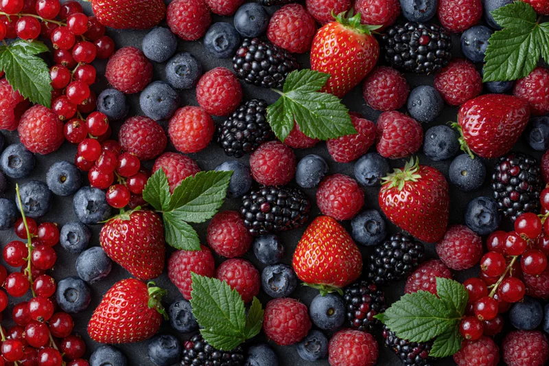 Overhead flat lay of mixed fresh berries densely arranged on dark surface with green leaves