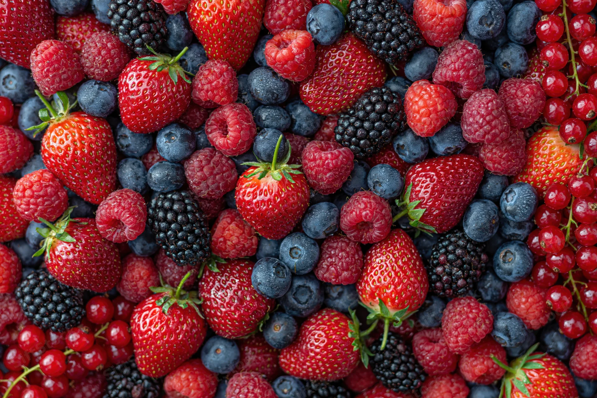 Overhead flat lay of mixed fresh berries densely covering the surface