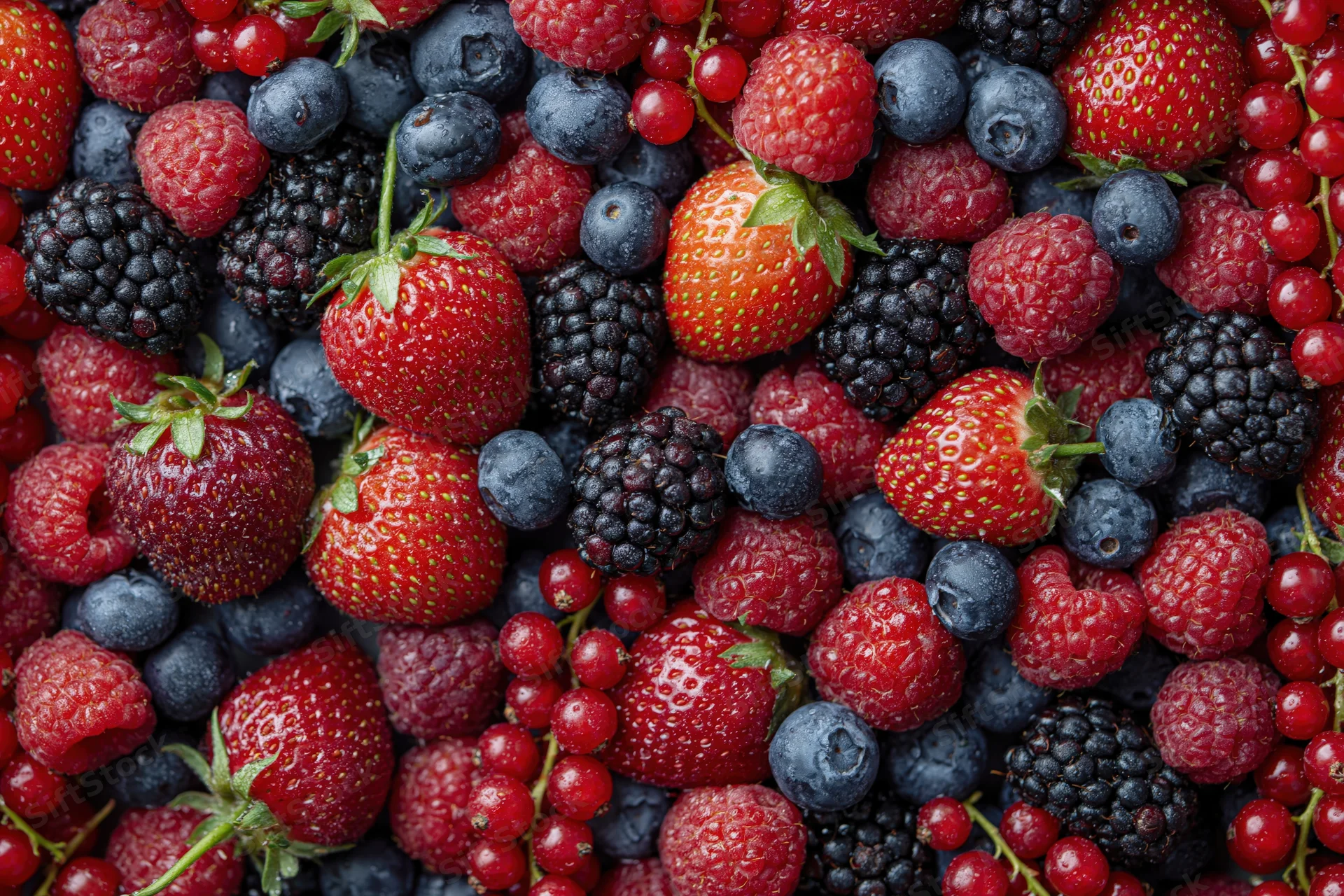 Overhead flat lay of mixed fresh berries densely covering the frame