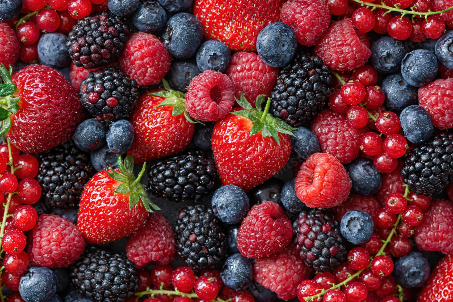 Overhead flat lay of mixed fresh berries densely covering the frame