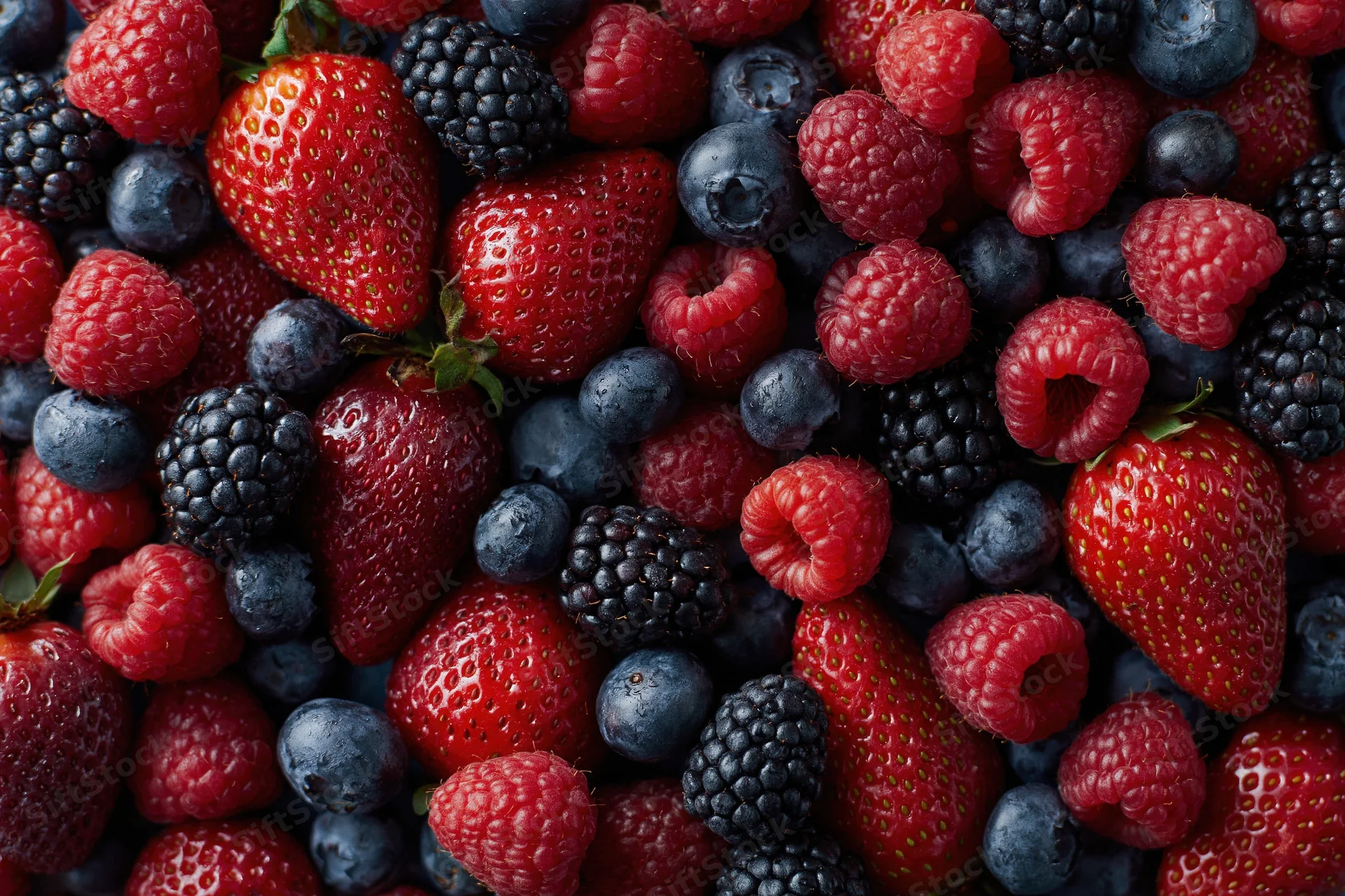 Overhead flat lay of mixed fresh berries filling the frame
