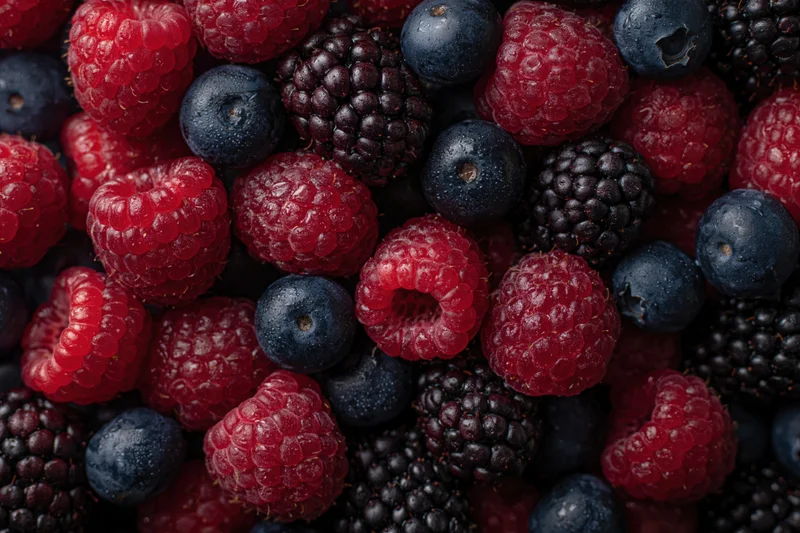 Overhead closeup of mixed fresh raspberries blueberries and blackberries in a flat lay arrangement