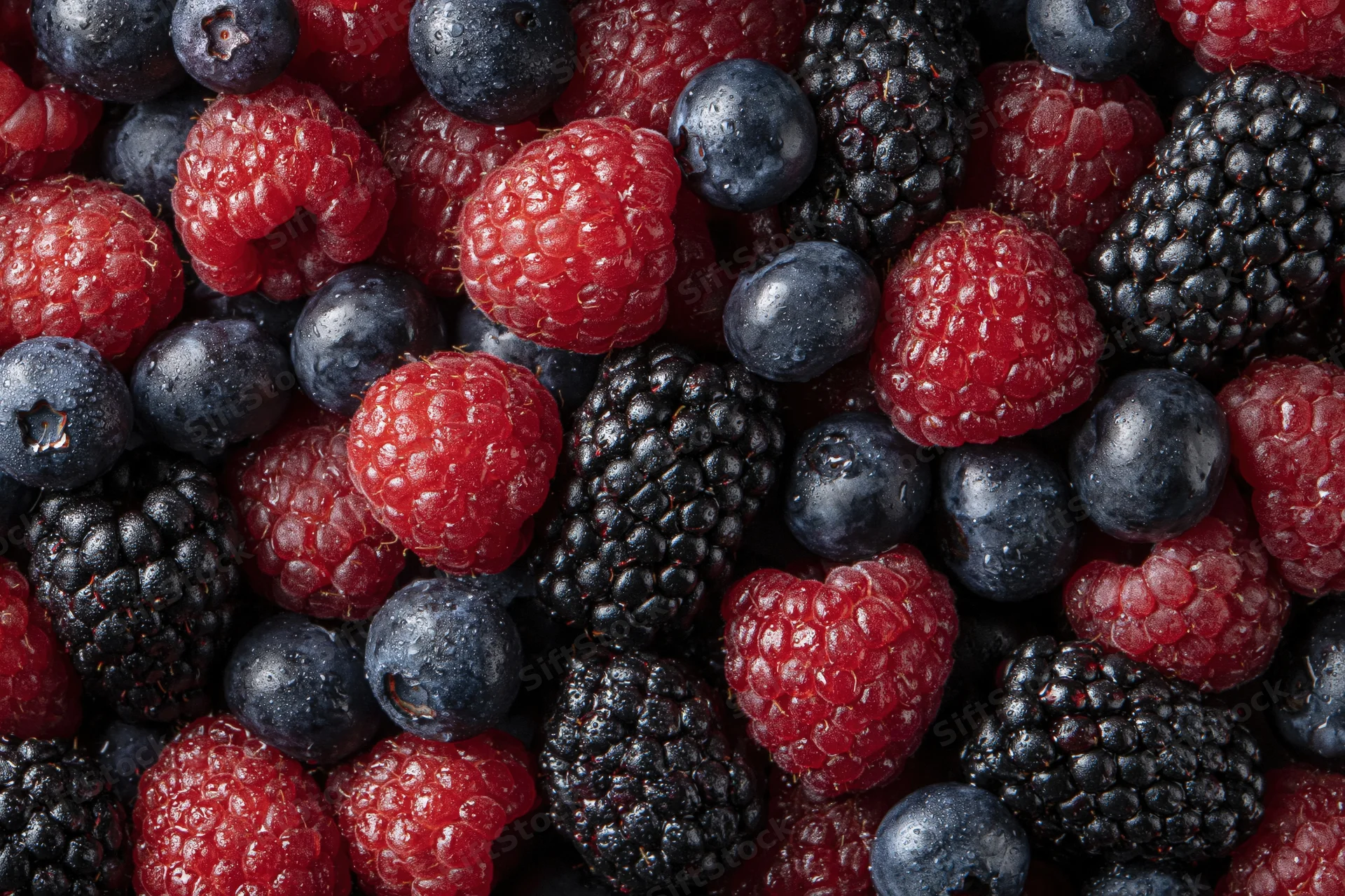 Overhead closeup of mixed fresh raspberries blueberries and blackberries in a flat lay arrangement