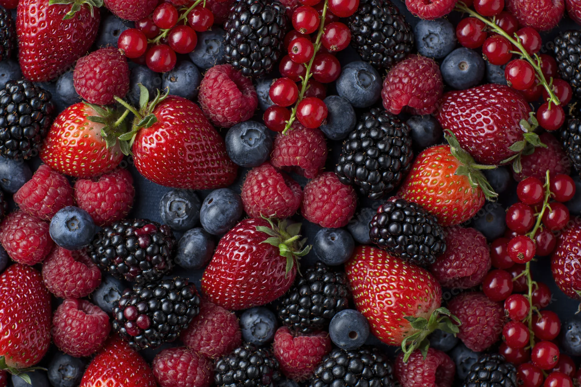 Overhead flat lay of mixed fresh berries including strawberries raspberries blueberries blackberries and redcurrants