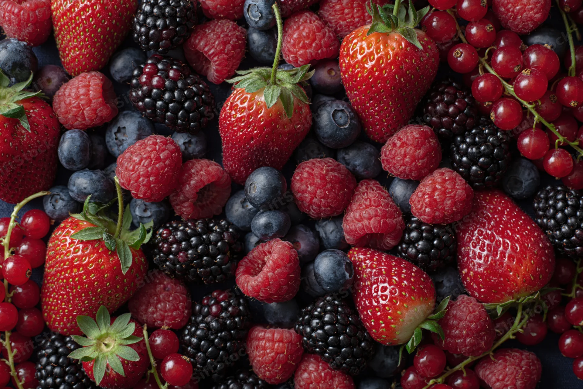 Overhead flat lay of mixed fresh berries including strawberries raspberries blueberries blackberries and redcurrants