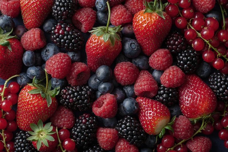 Overhead flat lay of mixed fresh berries including strawberries raspberries blueberries blackberries and redcurrants