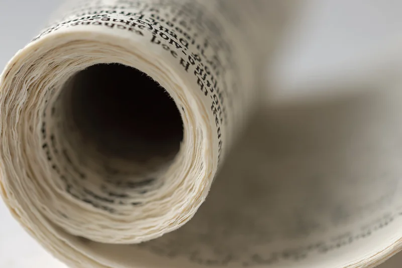 Rolled book pages forming a spiral tunnel with visible text and paper texture