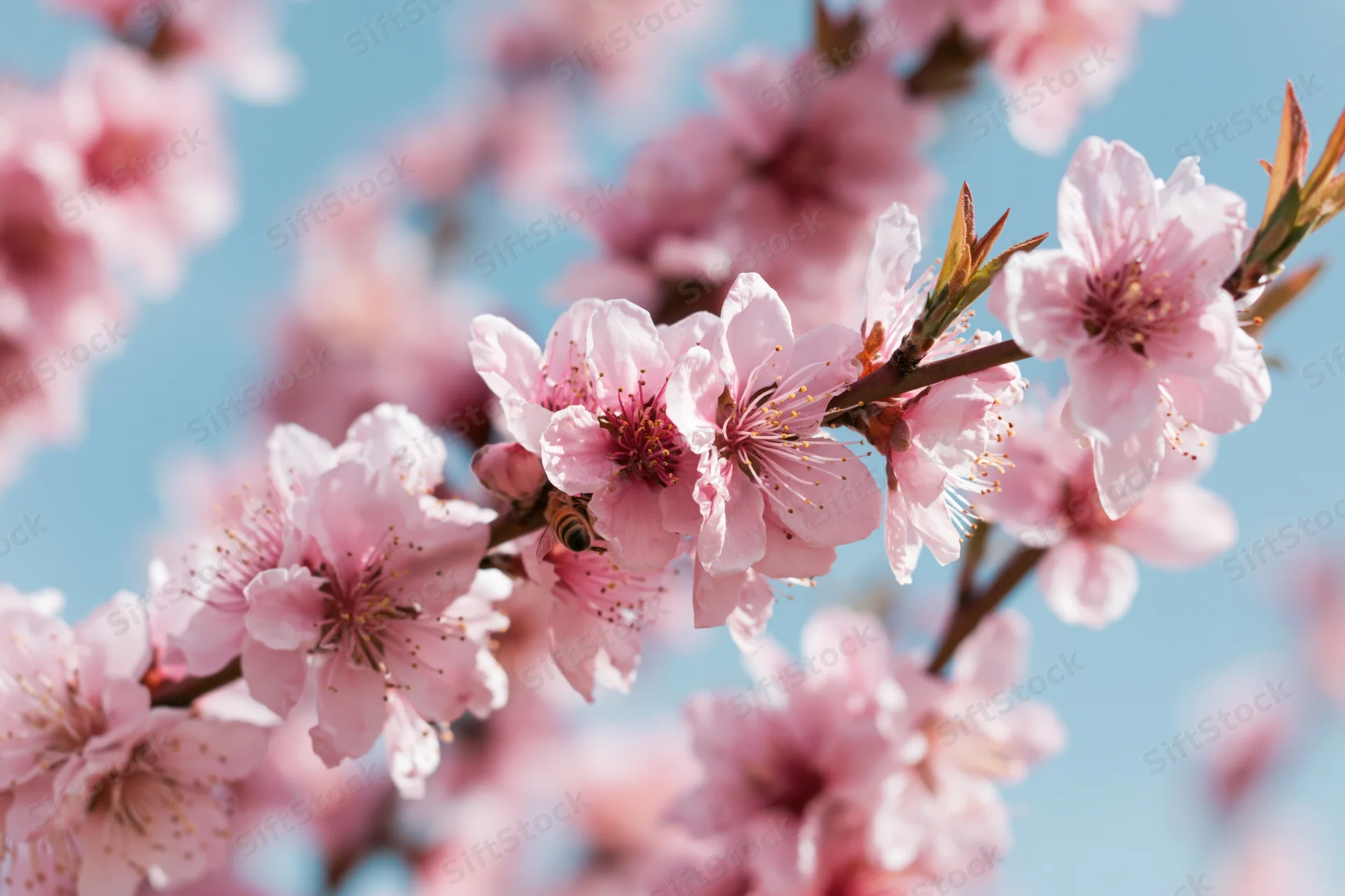 Peach blossoms in full bloom on branches against a blue sky with a bee pollinating the flowers