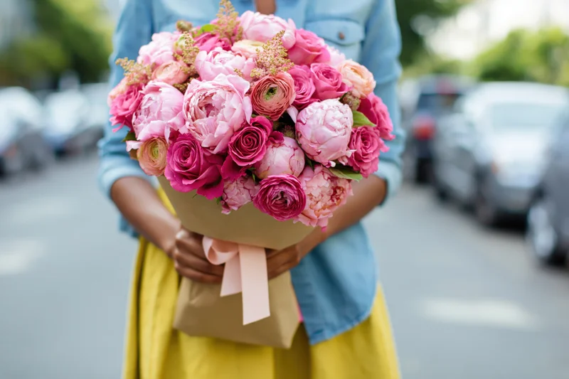 Woman holding a large bouquet of pink and magenta roses and peonies wrapped in paper on a city street