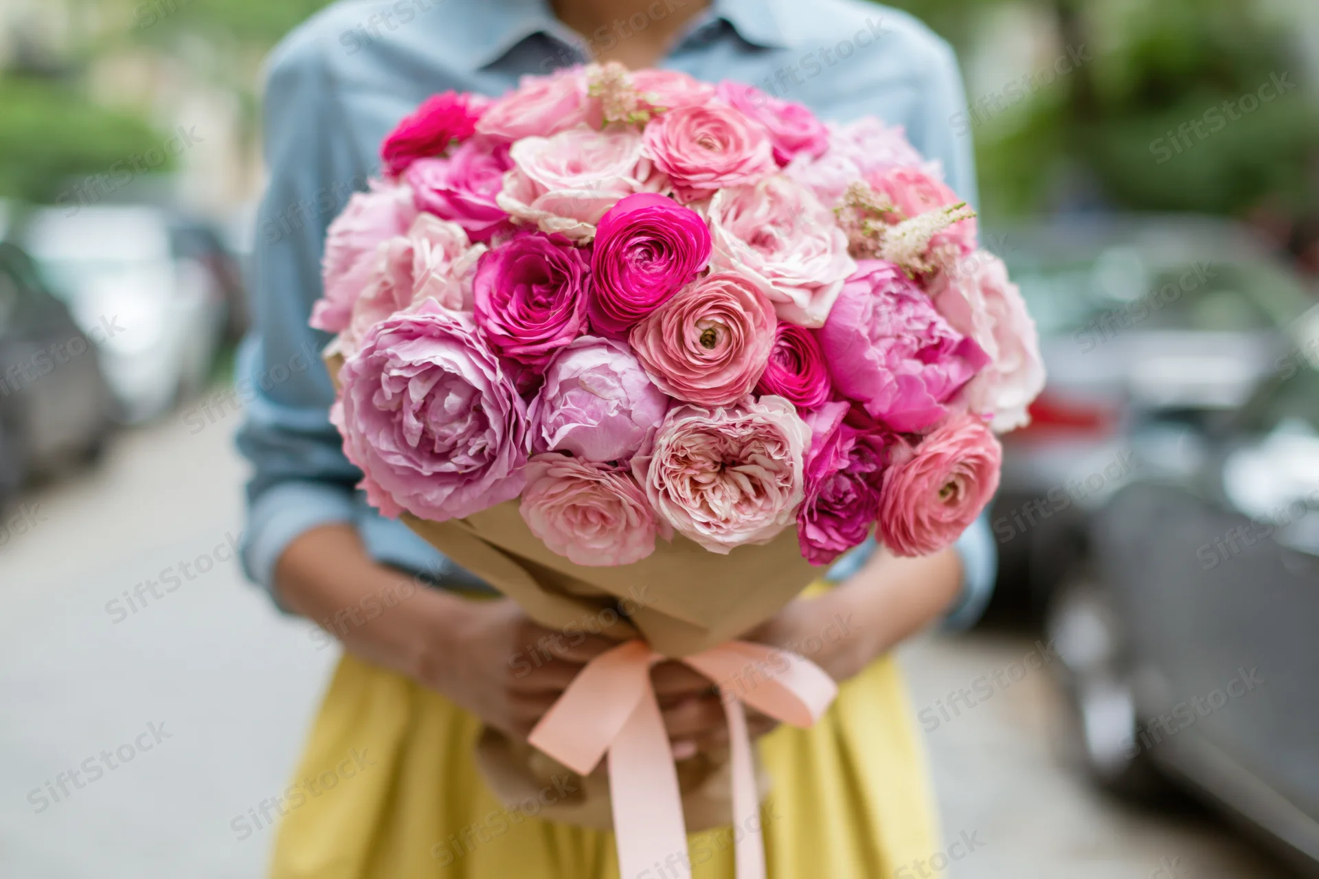 Woman holding large pink and magenta rose bouquet wrapped in paper with ribbon outdoors on street