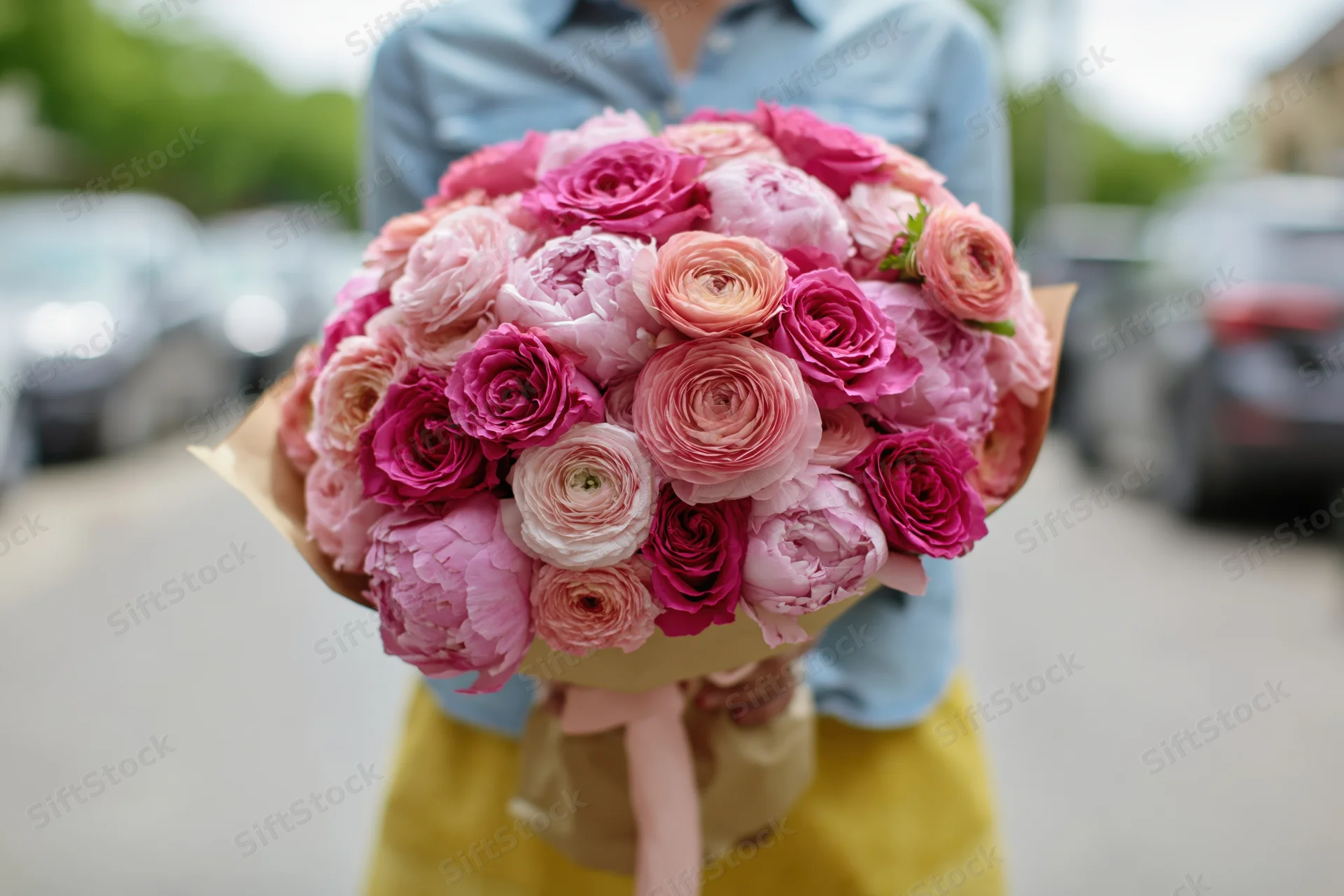 Woman holding large bouquet of pink and magenta roses and peonies outdoors on street