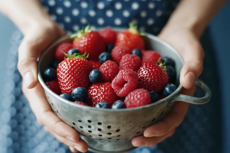 Woman holding a metal colander filled with fresh strawberries, raspberries and blueberries
