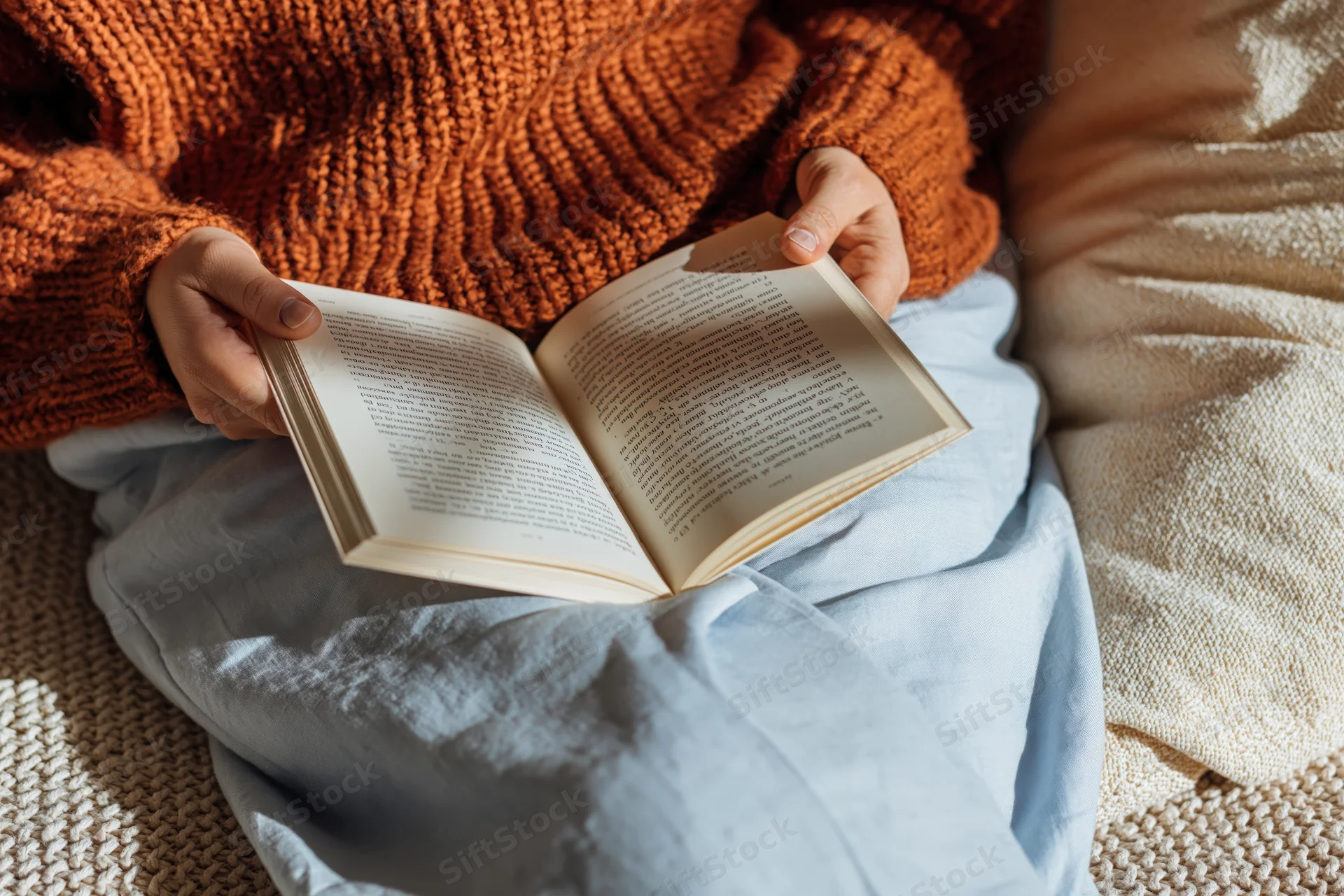Woman reading an open paperback book on her lap while seated on a soft blanket